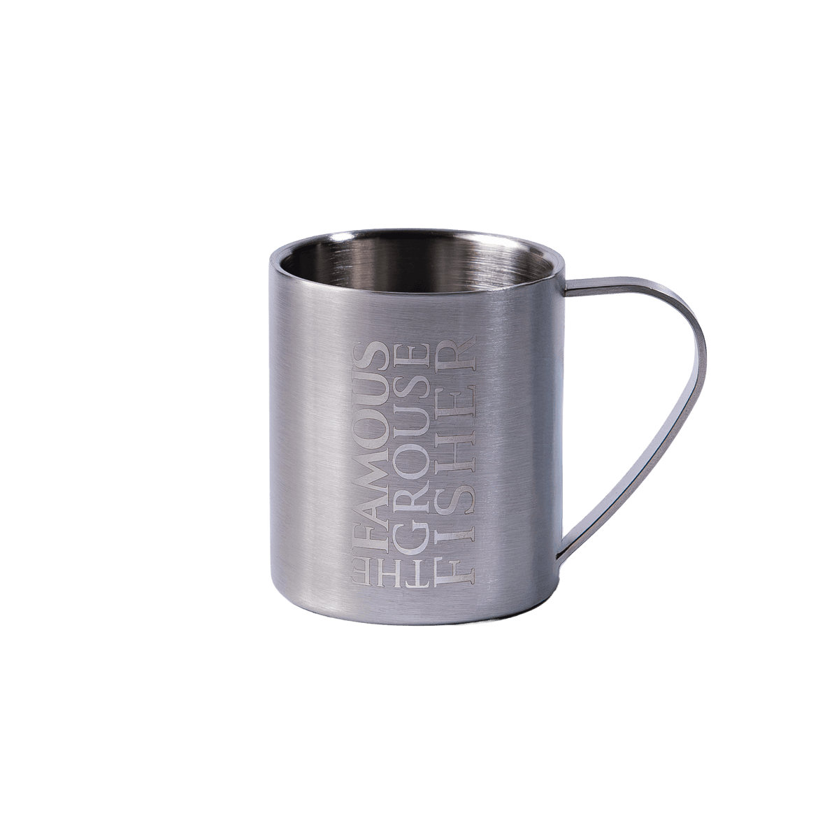 The Famous Grouse, Fisher-kollektionen. Mugg i rostfritt stål med handtag och graverad logotyp.