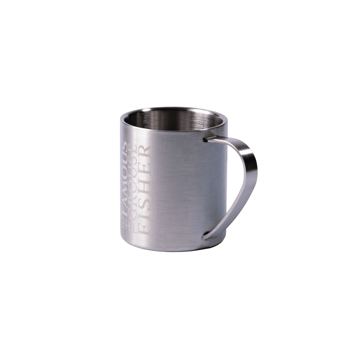 The Famous Grouse, Fisher-kollektionen. Mugg i rostfritt stål med handtag och graverad logotyp.