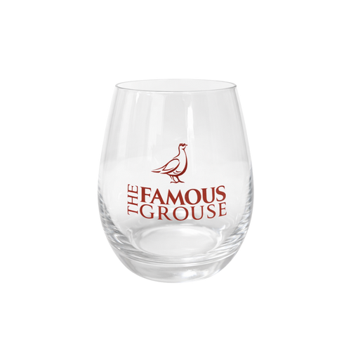Whiskyglas med The Famous Grouse-logotyp, klart glas på vit bakgrund